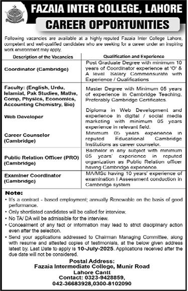 Jobs in Fazaia Inter College Lahore